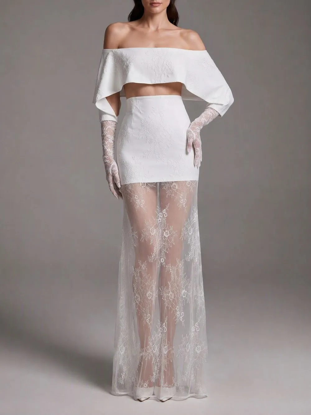 Lace Glove Sleeves Bardot Maxi Dress White - OWNCI