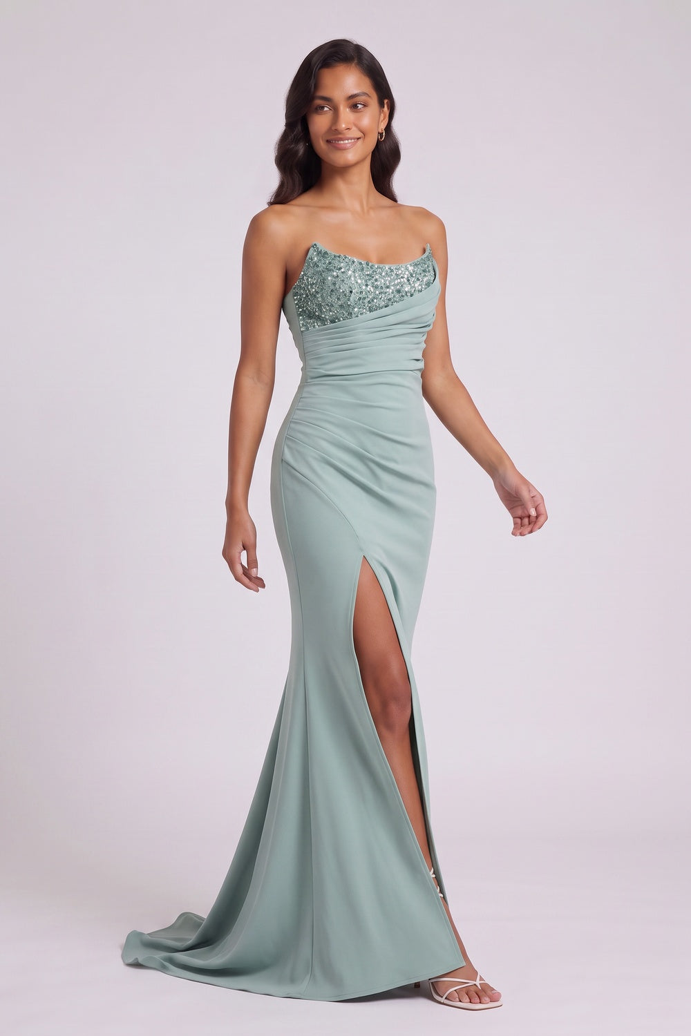 Mint Green One-Shoulder Sequin Evening Gown - OWNCI