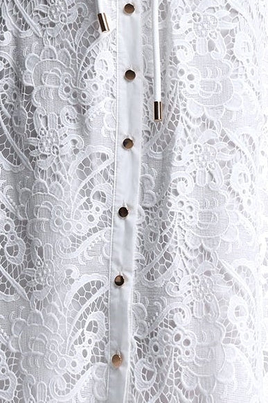 White Sleeveless Tie Neck Cargo Pocket Lace Midi Shirt Dress - OWNCI White Sleeveless Tie Neck Cargo Pocket Lace Midi Shirt Dress - OWNCI