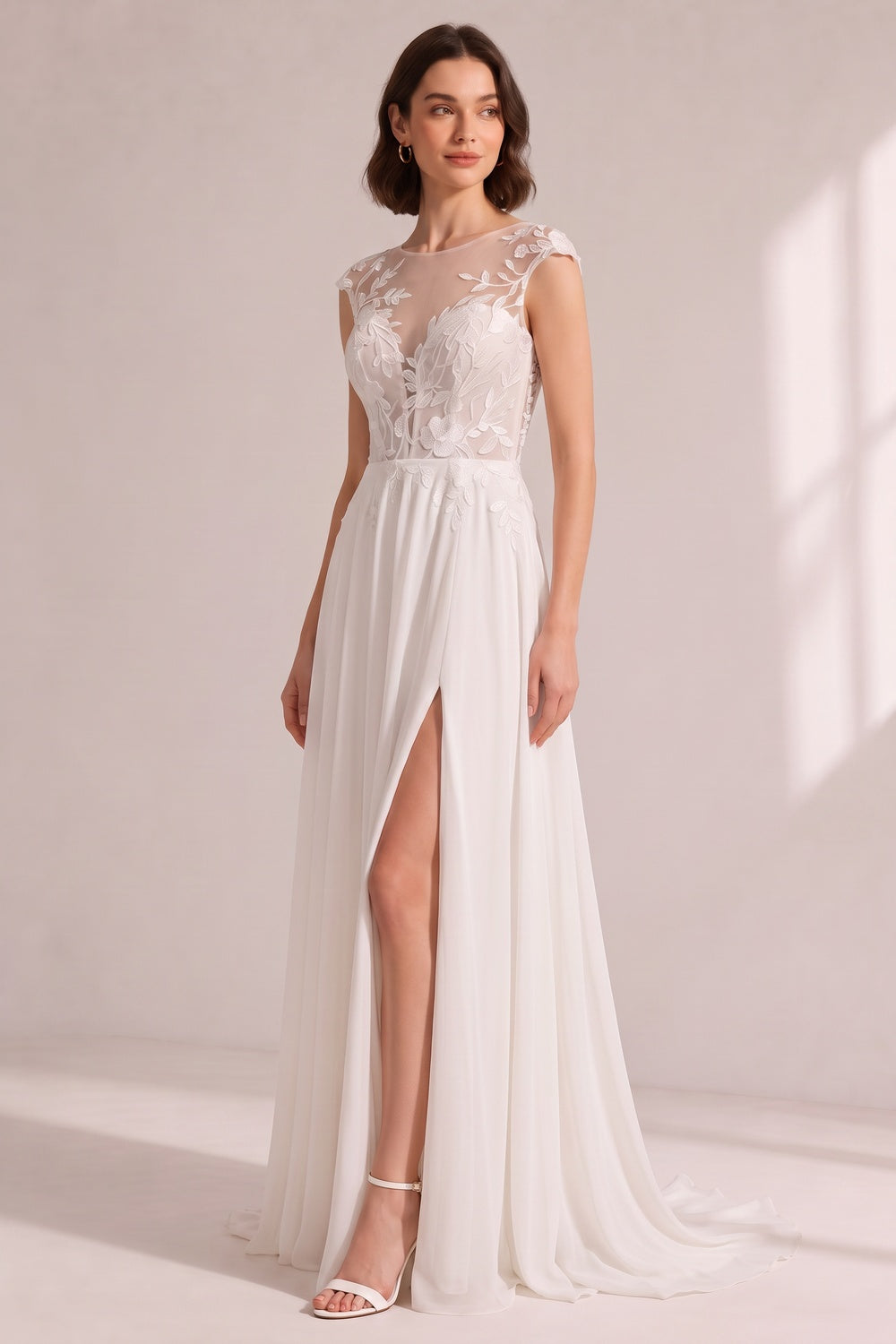 Illusion Cap Sleeve Floral Lace High Slit Chiffon Wedding Gown - OWNCI