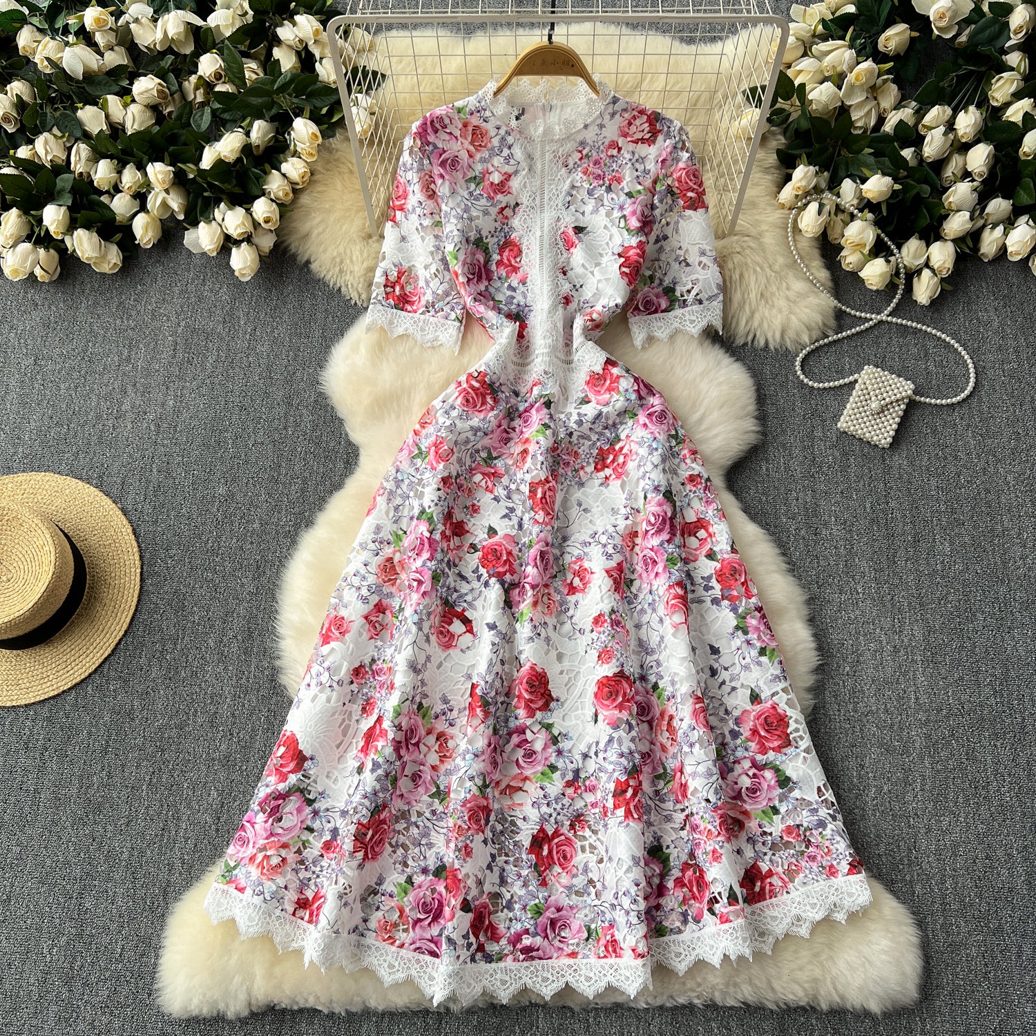 White Guipure Lace Floral Midi Dress - OWNCI White Guipure Lace Floral Midi Dress - OWNCI