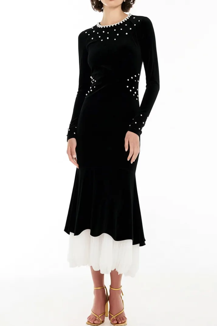 Zona Black Beaded Irregular Hem Velvet Fishtail Maxi Dress - OWNCI Zona Black Beaded Irregular Hem Velvet Fishtail Maxi Dress - OWNCI