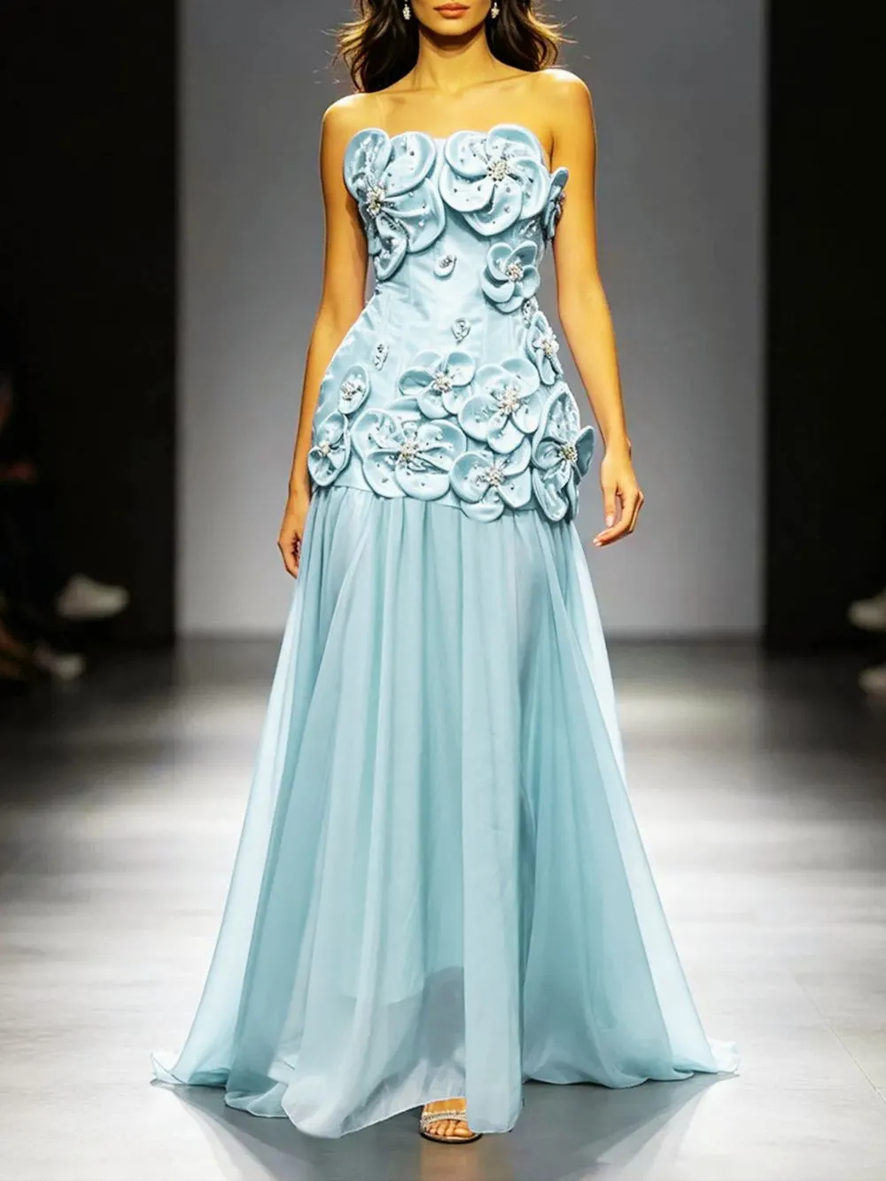 Strapless Floral A Line Maxi Dress Turquoise - OWNCI