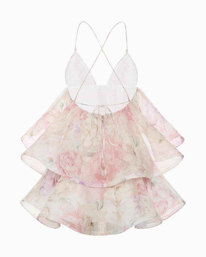 Light Pink Organza Floral A-Line Babydoll Mini Dress - OWNCI Light Pink Organza Floral A-Line Babydoll Mini Dress - OWNCI