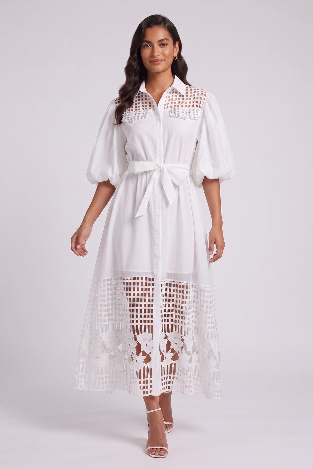 White A-Line Shirt Dress with Lace Panels and Puff Sleeves - OWNCI