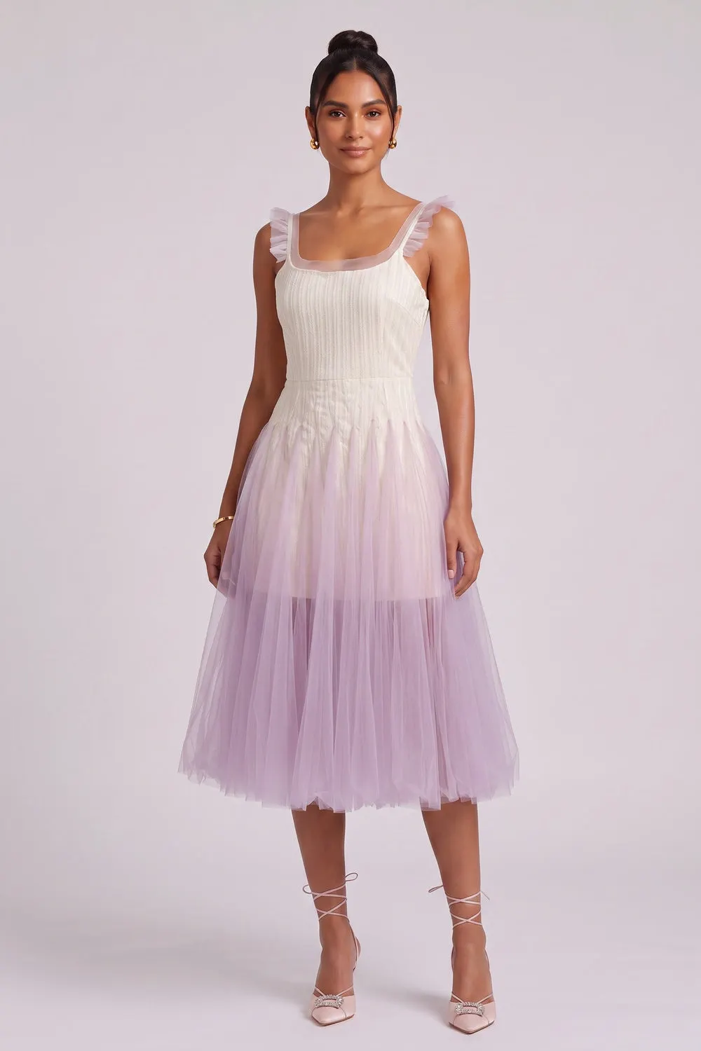 Gradient Tulle Midi Dress with Ruffle Straps - OWNCI