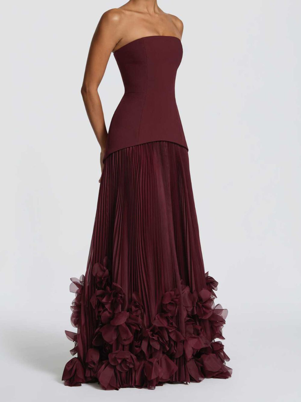 Ovarq Strapless Pleated Flower Maxi Dress In Wine - OWNCI Ovarq Strapless Pleated Flower Maxi Dress In Wine - OWNCI