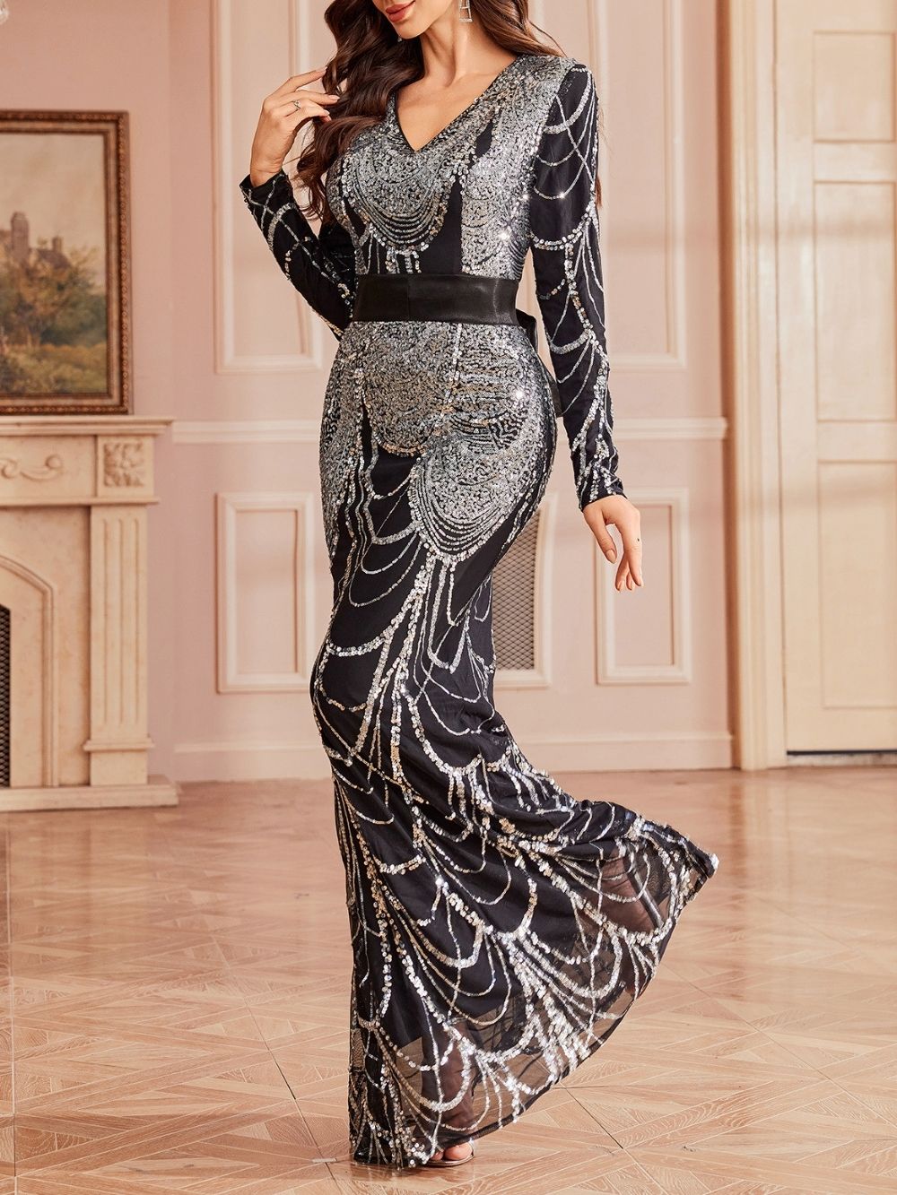 Mayana Black Sequin Long Sleeve Maxi Dress - OWNCI Mayana Black Sequin Long Sleeve Maxi Dress - OWNCI