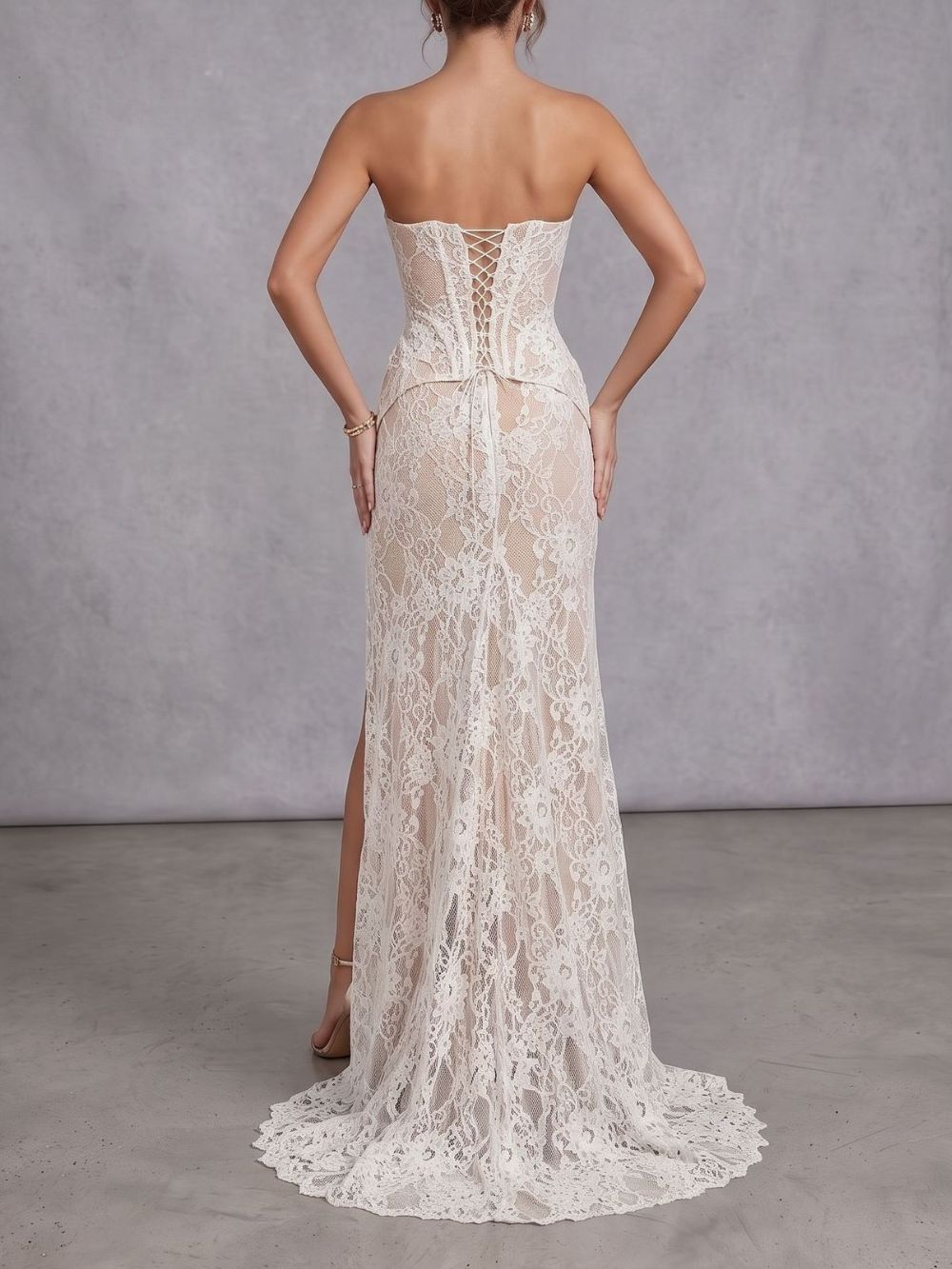 Strapless Lace Corset Two Piece Maxi Dress White - OWNCI
