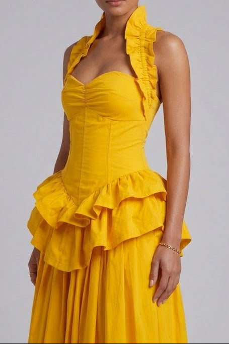 Yellow Ruffled Peplum Midi Dress - OWNCI Yellow Ruffled Peplum Midi Dress - OWNCI