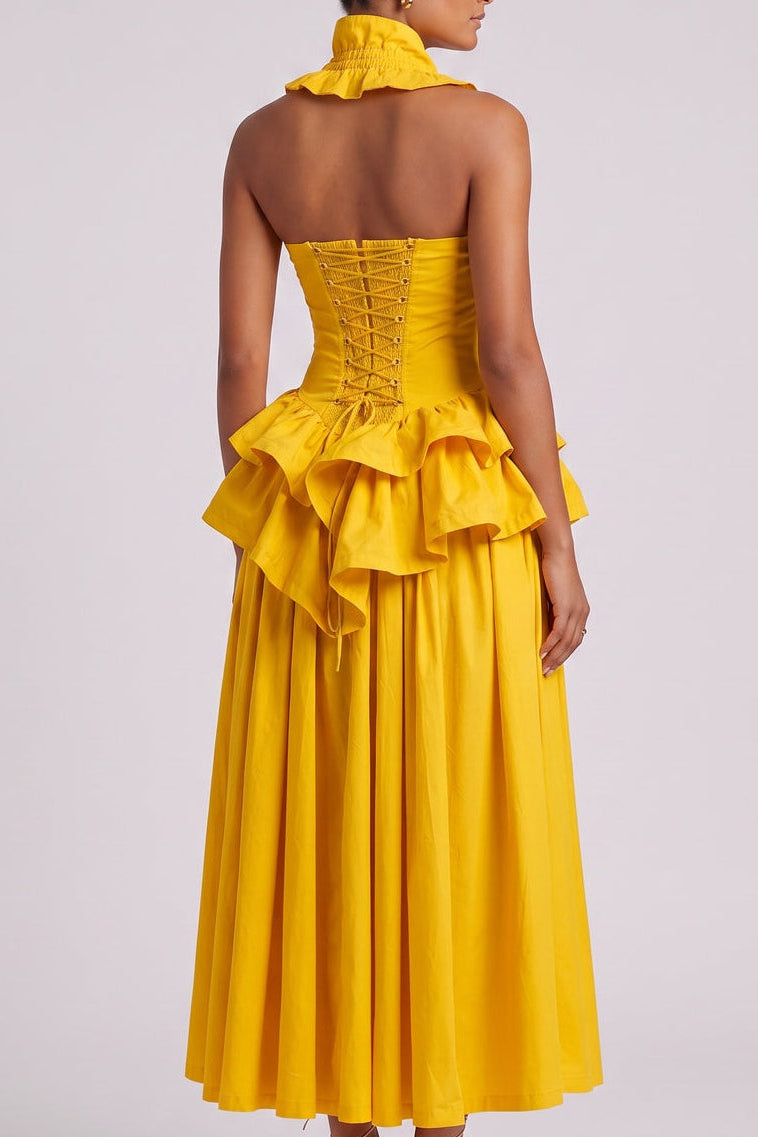 Yellow Ruffled Peplum Midi Dress - OWNCI Yellow Ruffled Peplum Midi Dress - OWNCI