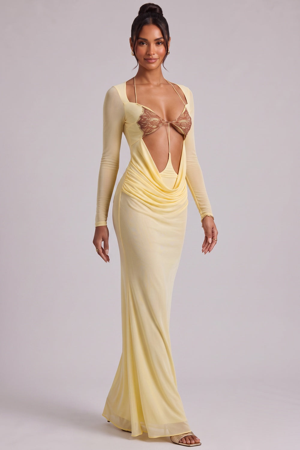 Pale Yellow Long Sleeve Maxi Dress with Cutout Detail - OWNCI