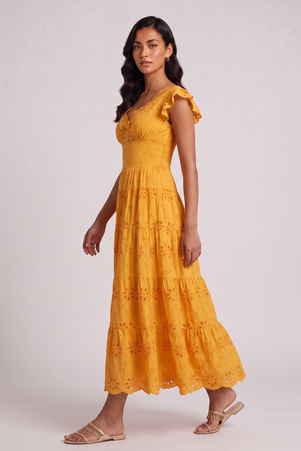 Scallop V-Neck Ruffle Sleeve Eyelet Tiered Midi Dress - OWNCI