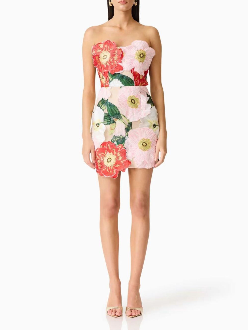 Mildred Strapless Flower Embroidery Mini Dress - OWNCI
