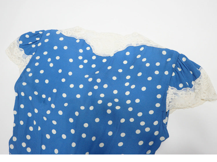 Lyuba Polka Dot Lace-Trimmed V-Neck Maxi Dress In Blue - OWNCI Lyuba Polka Dot Lace-Trimmed V-Neck Maxi Dress In Blue - OWNCI