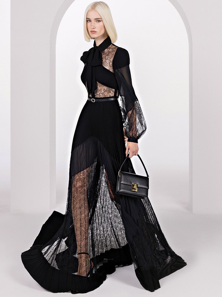 Bow Collar Lace Patchwork Pleated Maxi Gown - OWNCI