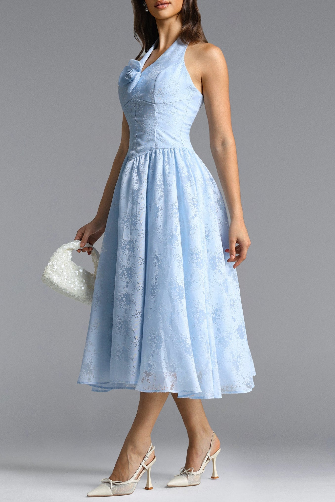 Delaney Blue Halter Floral Jacquard Midi Dress - OWNCI