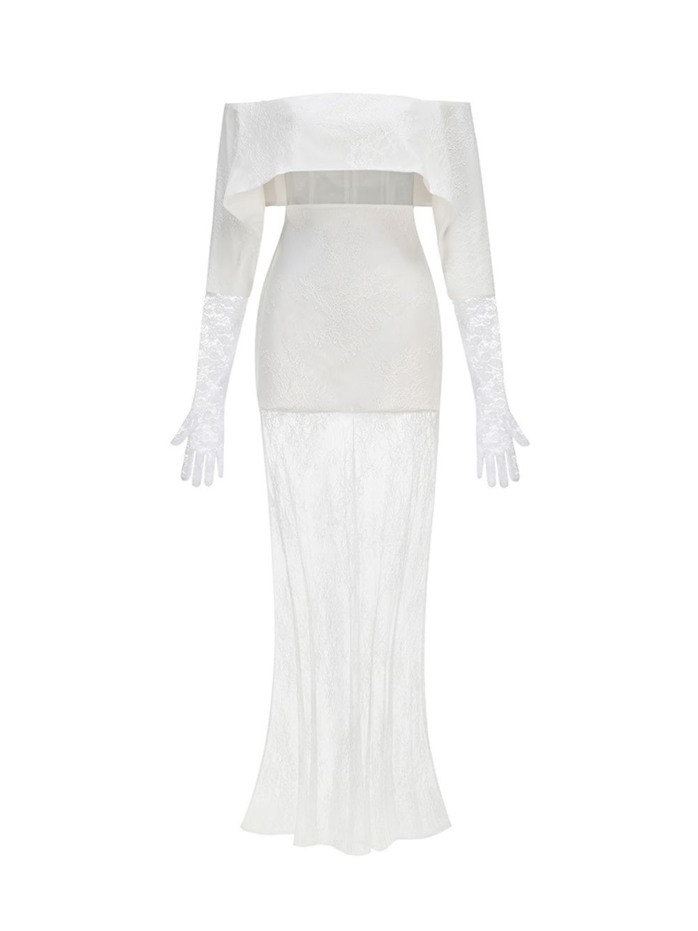 Lace Glove Sleeves Bardot Maxi Dress White - OWNCI