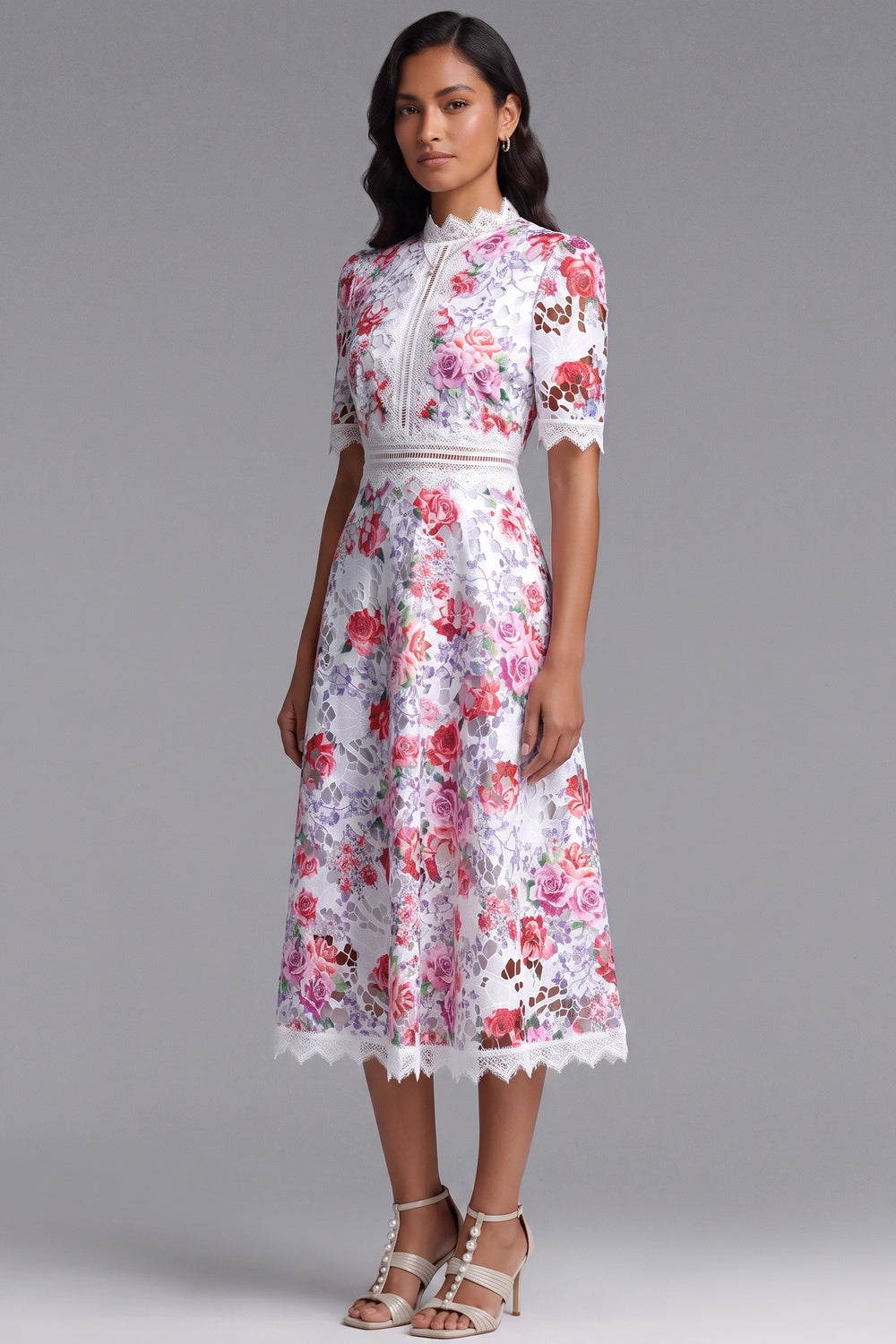 White Guipure Lace Floral Midi Dress - OWNCI