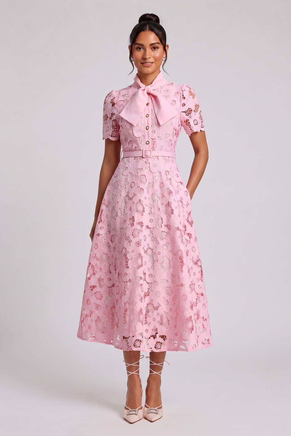 Light Pink Floral Lace A-Line Midi Dress - OWNCI