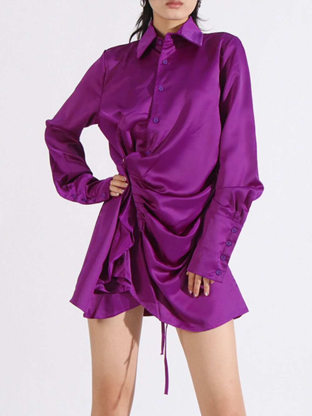 Mika Purple Long Sleeve Ruched Mini Dress - OWNCI