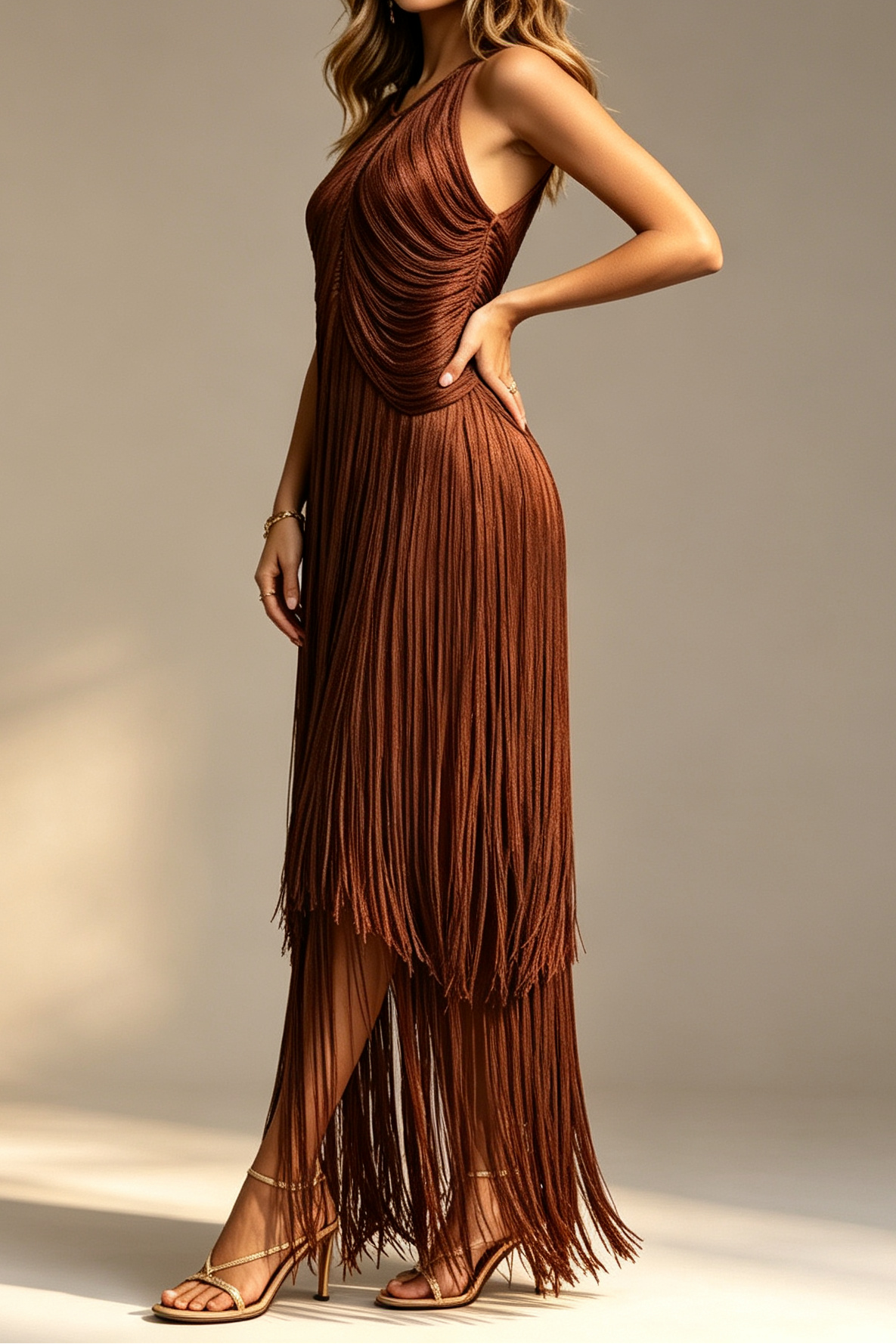 Chocolate Brown Halter Neck Draped Bodice Multi-Tier Long Fringe Bodycon Midi Party Dress - OWNCI