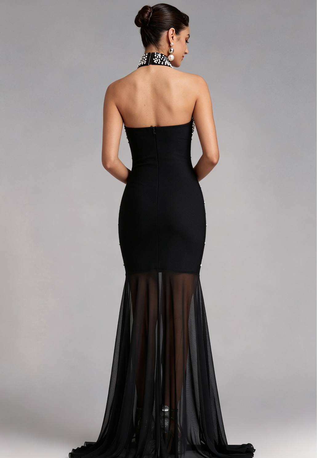 Black Pearl-Embellished Halter Mermaid Gown - OWNCI Black Pearl-Embellished Halter Mermaid Gown - OWNCI