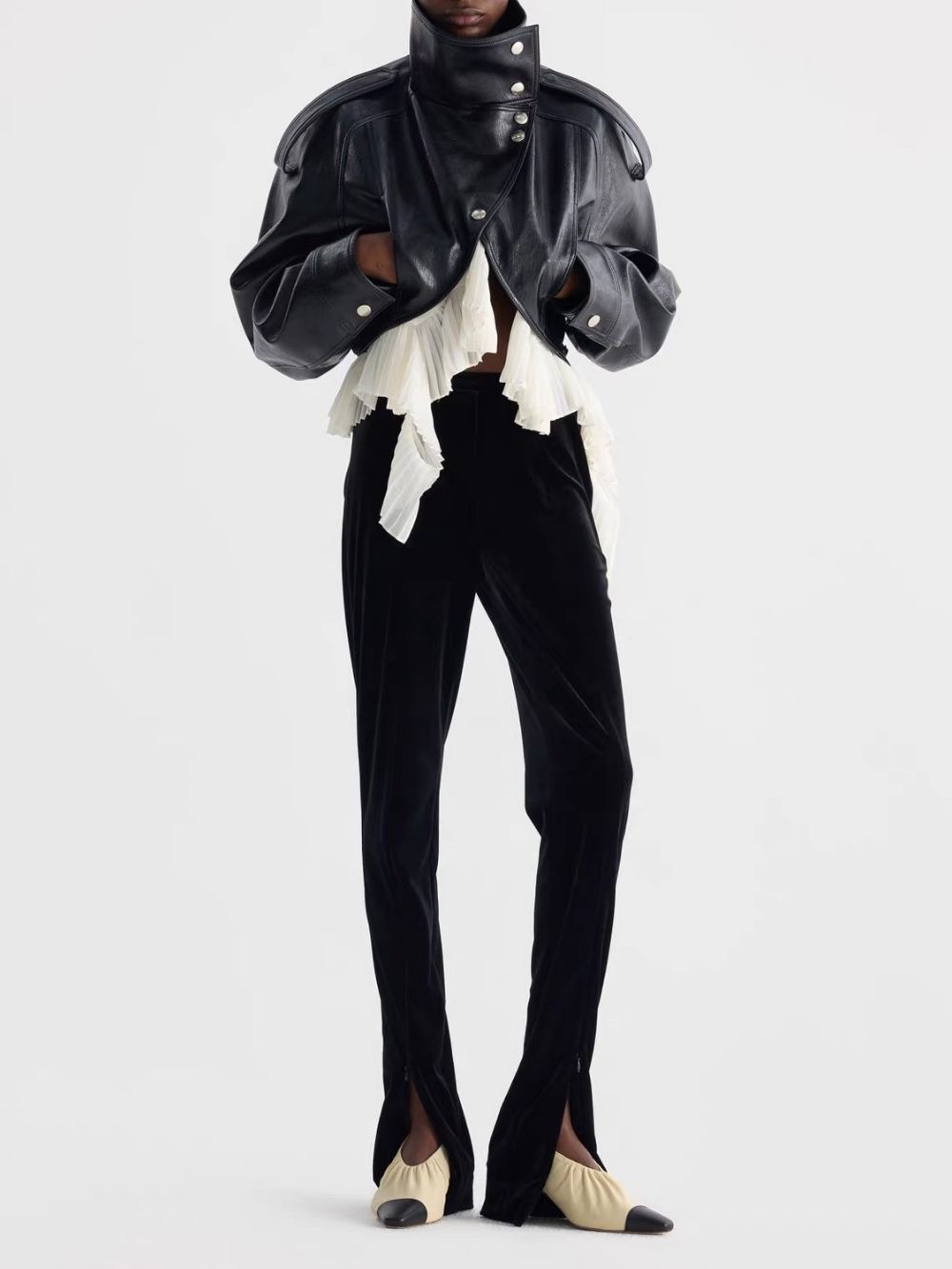Maysa Black PU Leather Ruffle Jacket - OWNCI