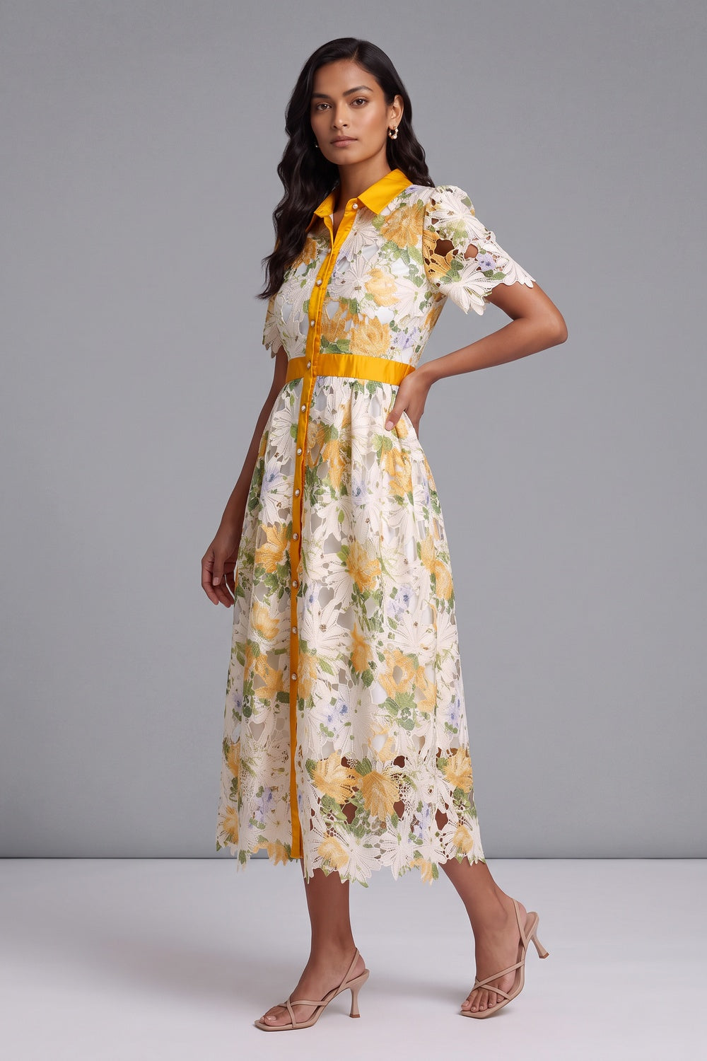 White Guipure Floral Lace A-Line Midi Dress with Yellow Satin Accents - OWNCI White Guipure Floral Lace A-Line Midi Dress with Yellow Satin Accents - OWNCI