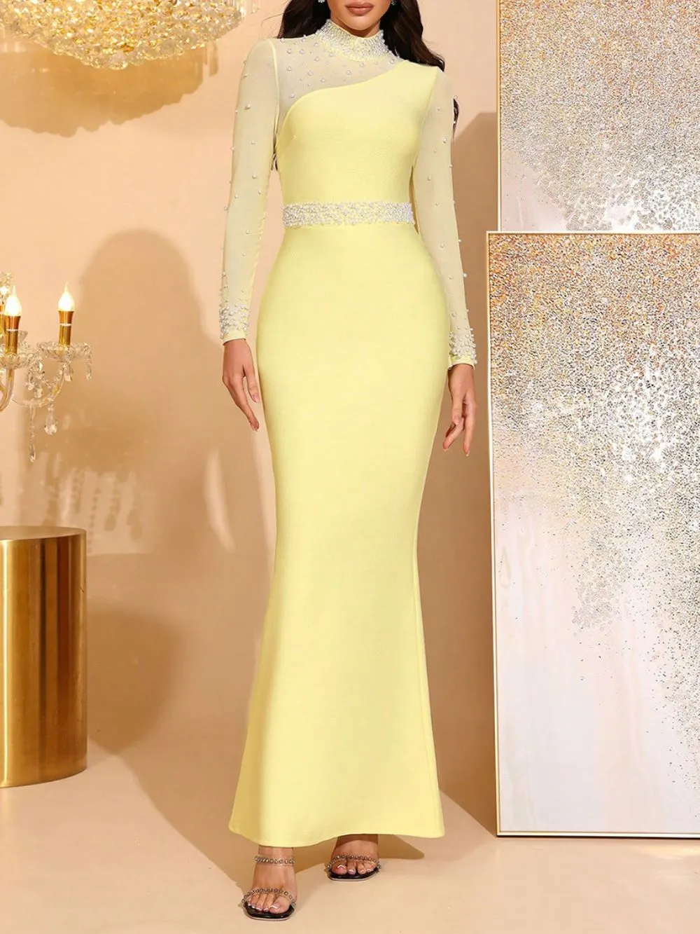 Miami Yellow Embellished Long Sleeve Maxi Dress - OWNCI Miami Yellow Embellished Long Sleeve Maxi Dress - OWNCI