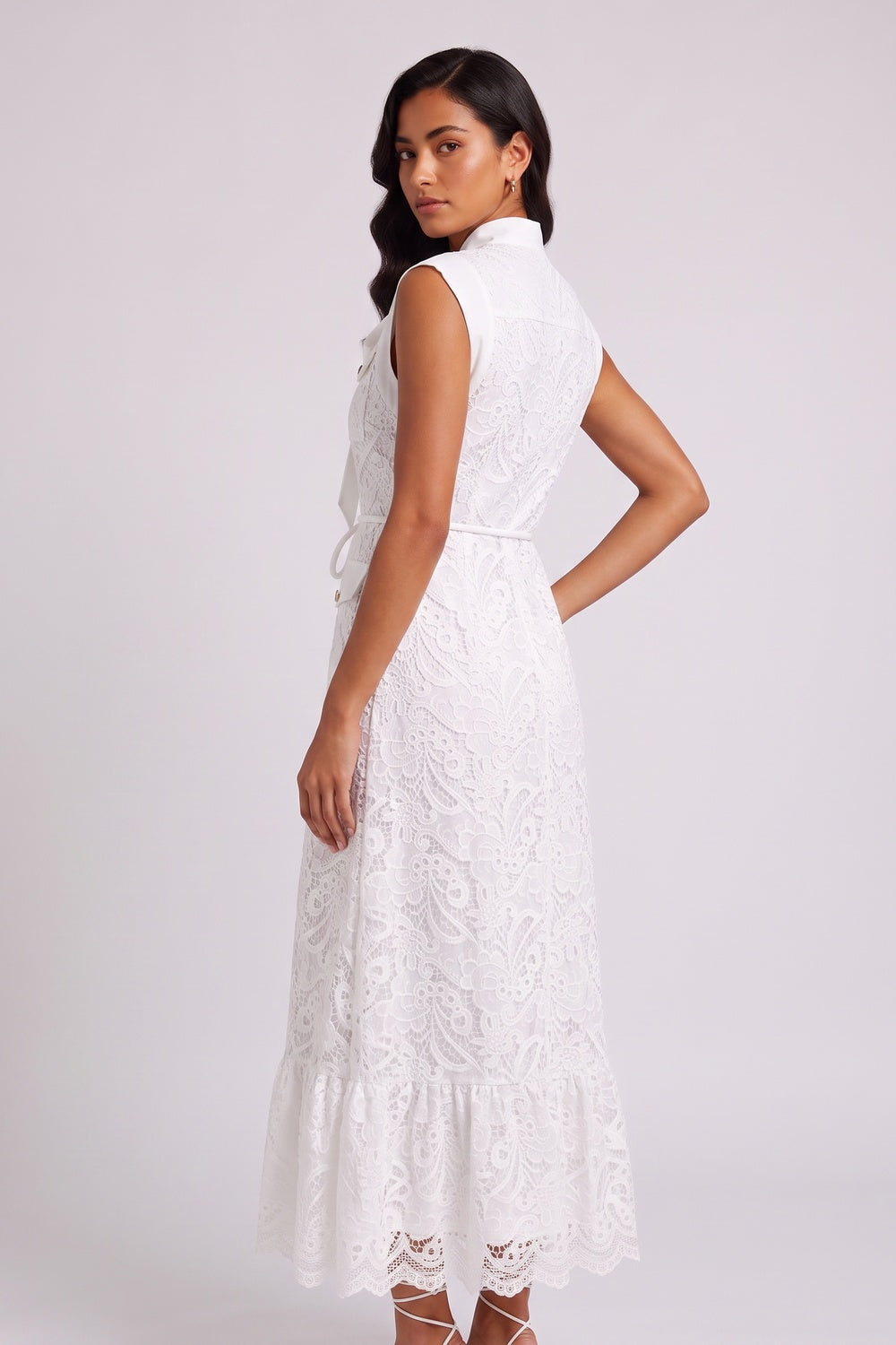 White Sleeveless Tie Neck Cargo Pocket Lace Midi Shirt Dress - OWNCI White Sleeveless Tie Neck Cargo Pocket Lace Midi Shirt Dress - OWNCI