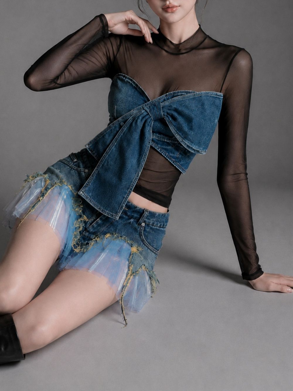 Maven Black Mesh Denim Bow Top - OWNCI