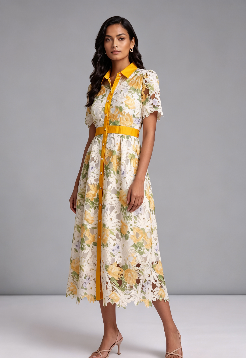 White Guipure Floral Lace A-Line Midi Dress with Yellow Satin Accents - OWNCI White Guipure Floral Lace A-Line Midi Dress with Yellow Satin Accents - OWNCI