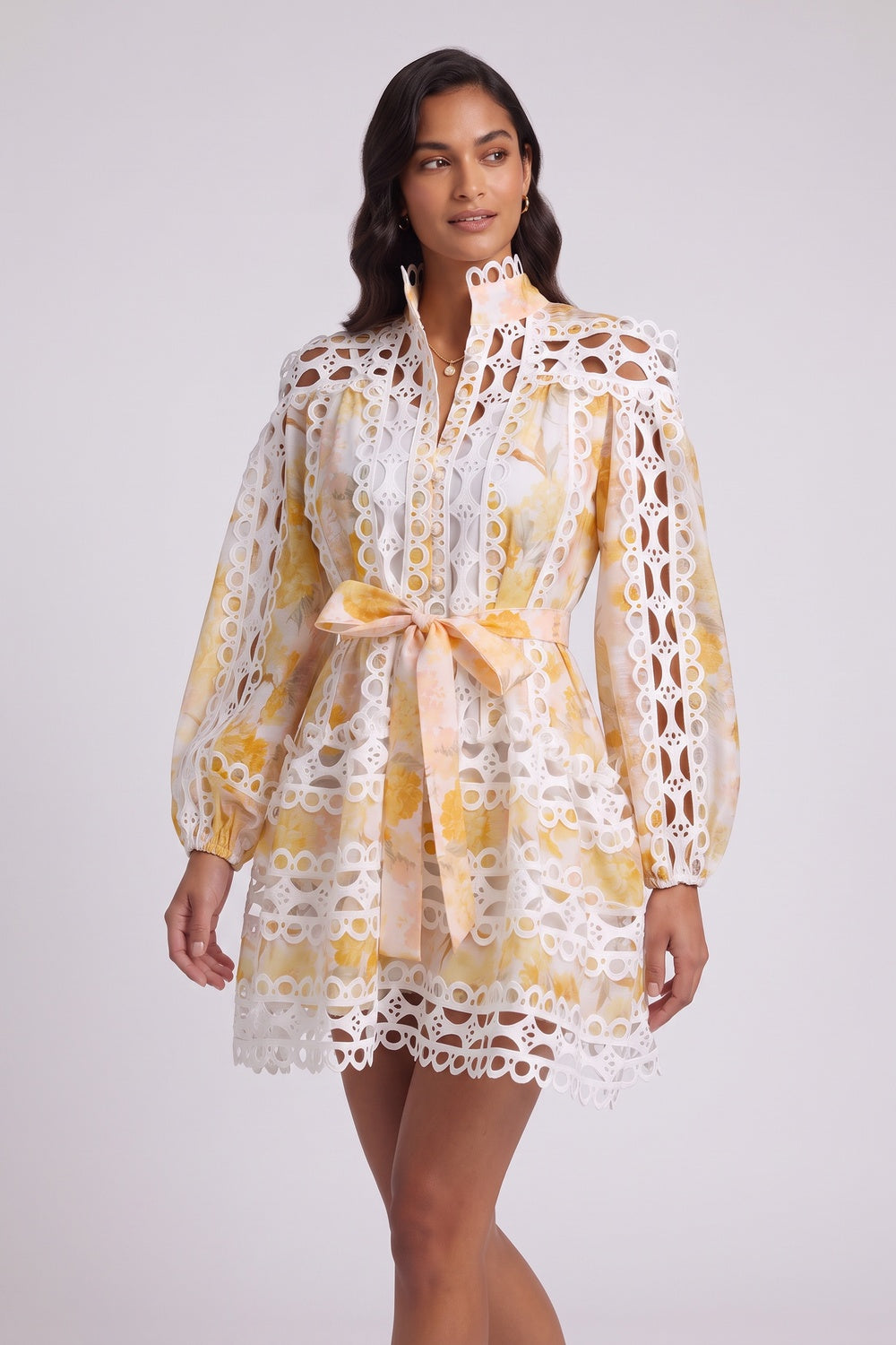White & Yellow Floral A-Line Mini Dress with Lace Panels - OWNCI