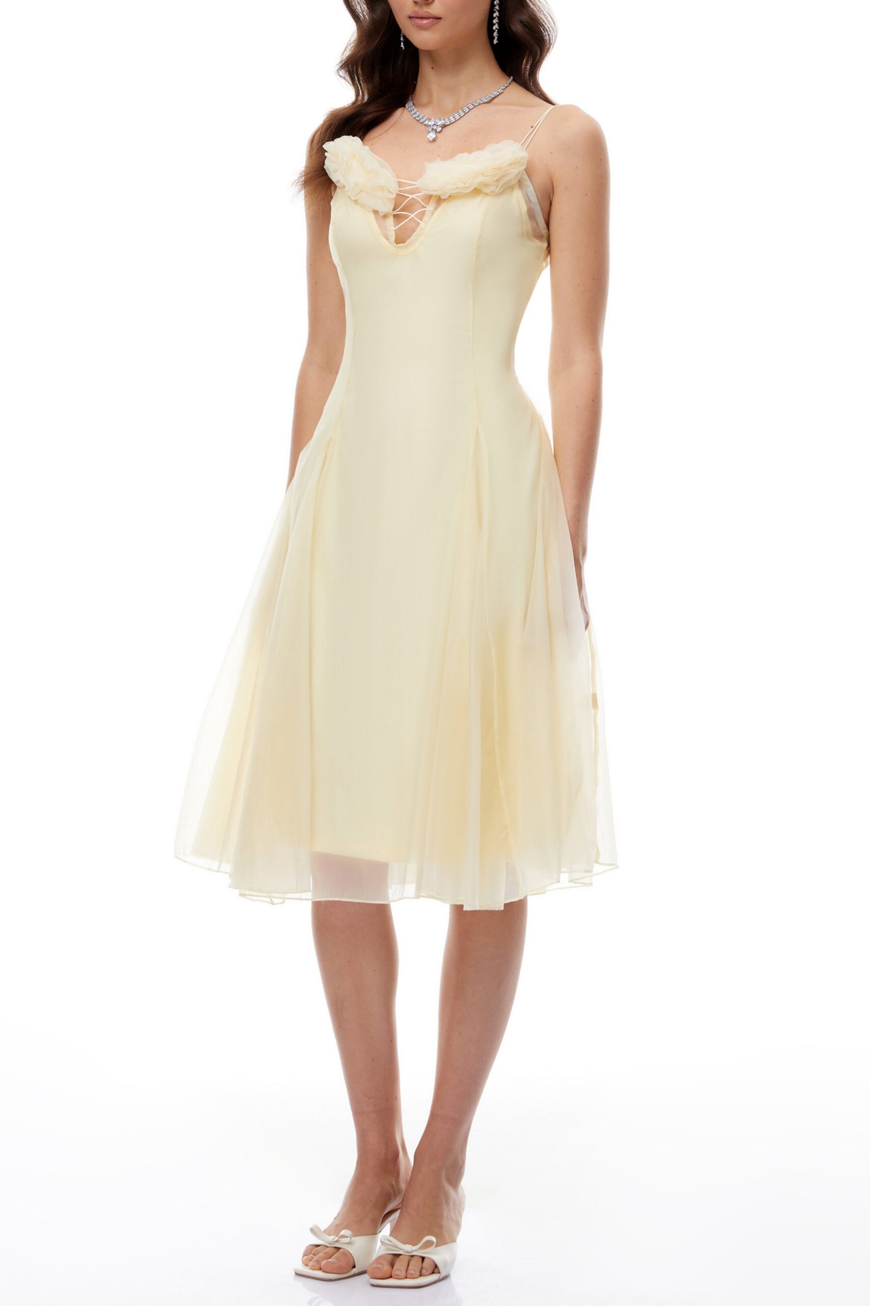 Kristin Yellow Floral Appliqué Tulle Midi Dress - OWNCI