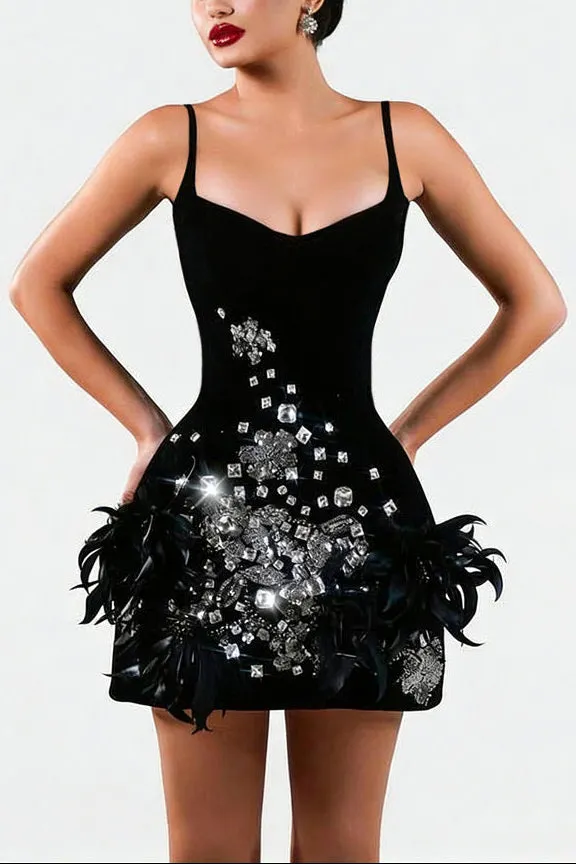 Hedy Rhinestone Feather Bandage Strappy mini Dress – Black - OWNCI