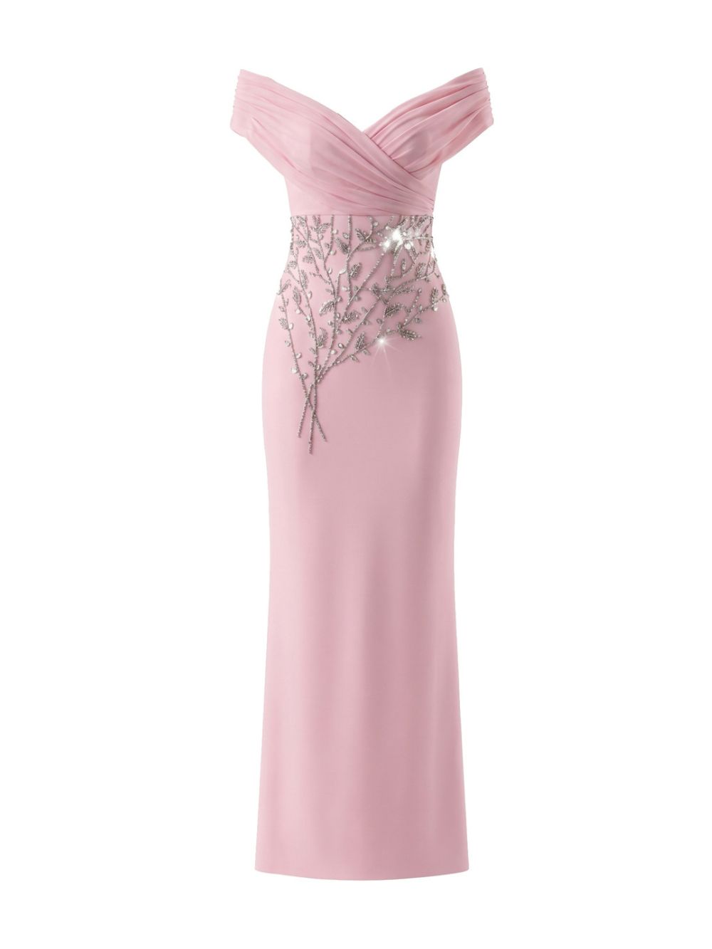 Draped Bardot Crystal Floral Maxi Dress Pink - OWNCI Draped Bardot Crystal Floral Maxi Dress Pink - OWNCI