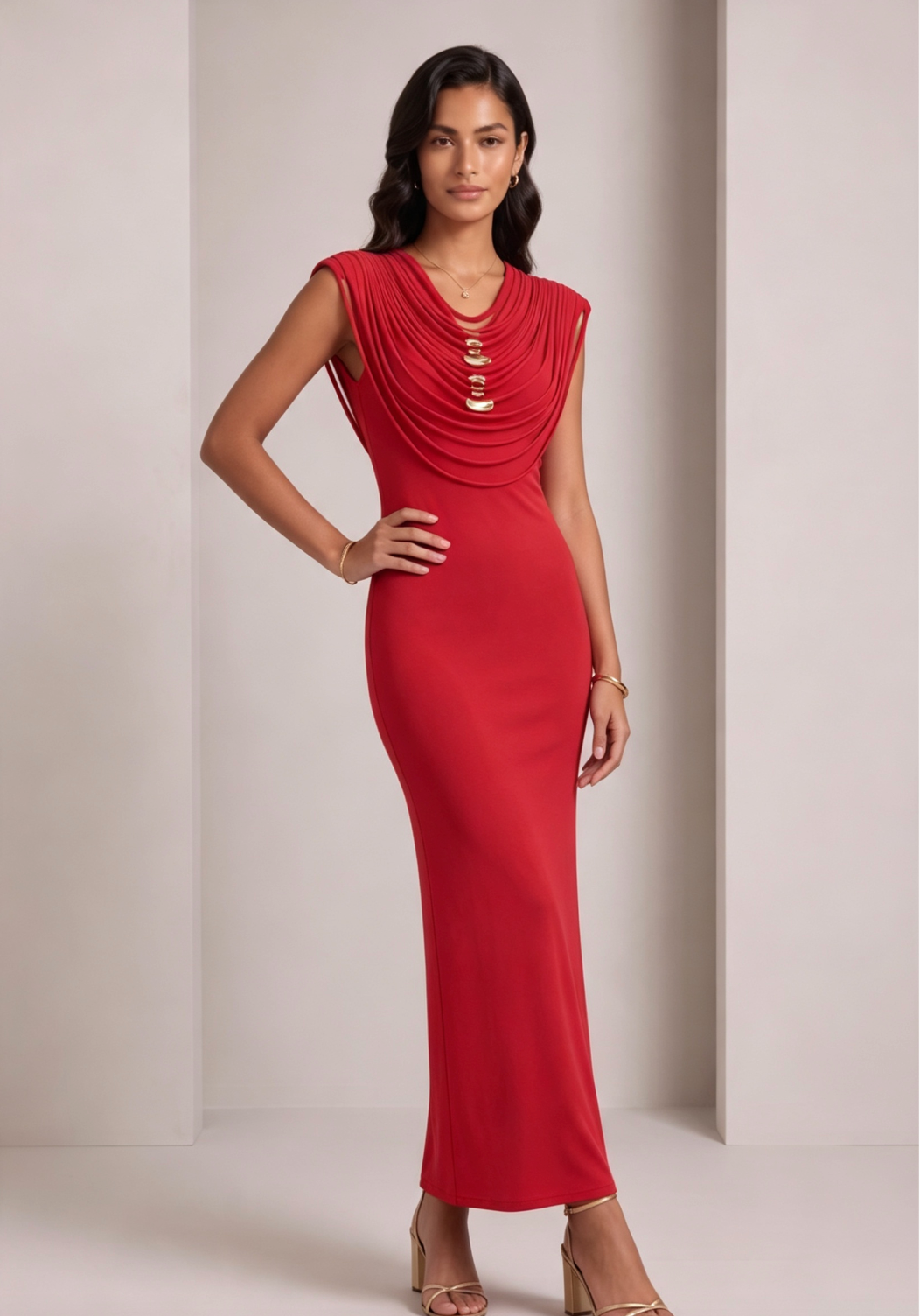Red Stretch Jersey Or Crepe Fitted Column Dress - OWNCI Red Stretch Jersey Or Crepe Fitted Column Dress - OWNCI
