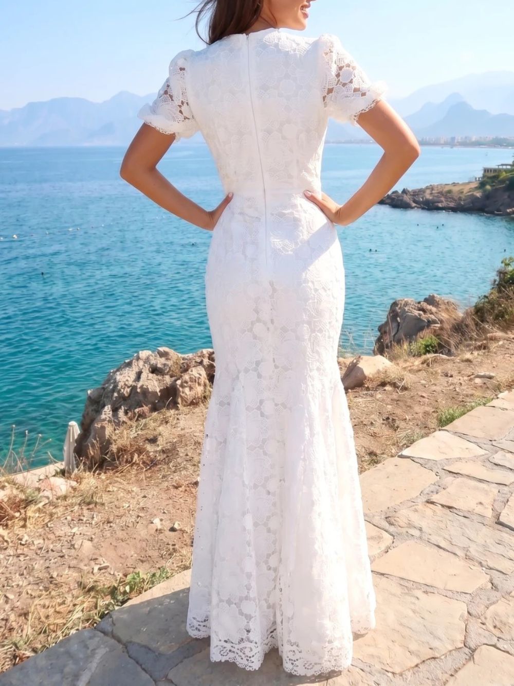Short Sleeve Floral Crochet Mermaid Maxi Dress White - OWNCI Short Sleeve Floral Crochet Mermaid Maxi Dress White - OWNCI