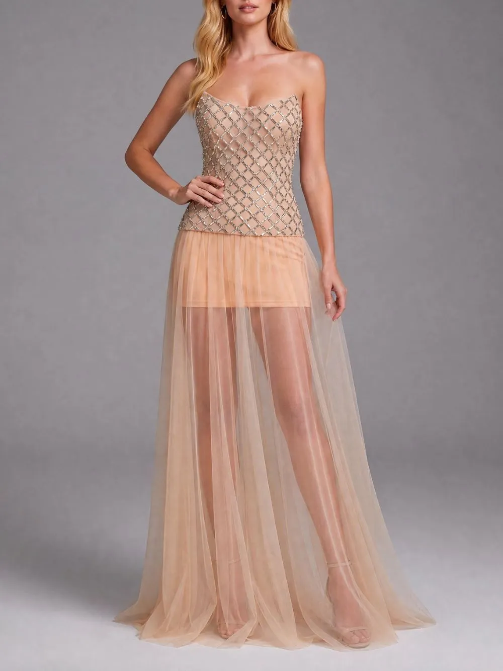 Strapless Embellished Mesh A Line Maxi Dress - OWNCI Strapless Embellished Mesh A Line Maxi Dress - OWNCI