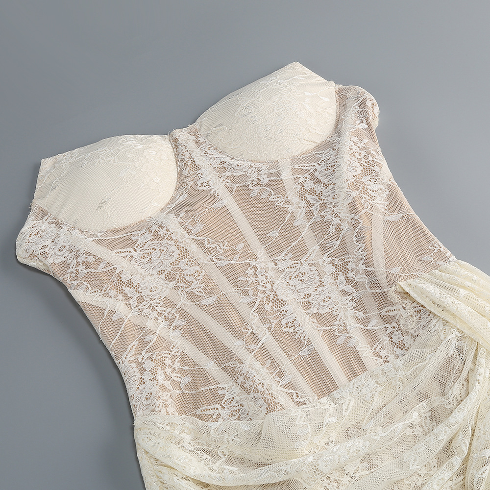 Strapless Draped Lace Bustier Maxi Dress - OWNCI
