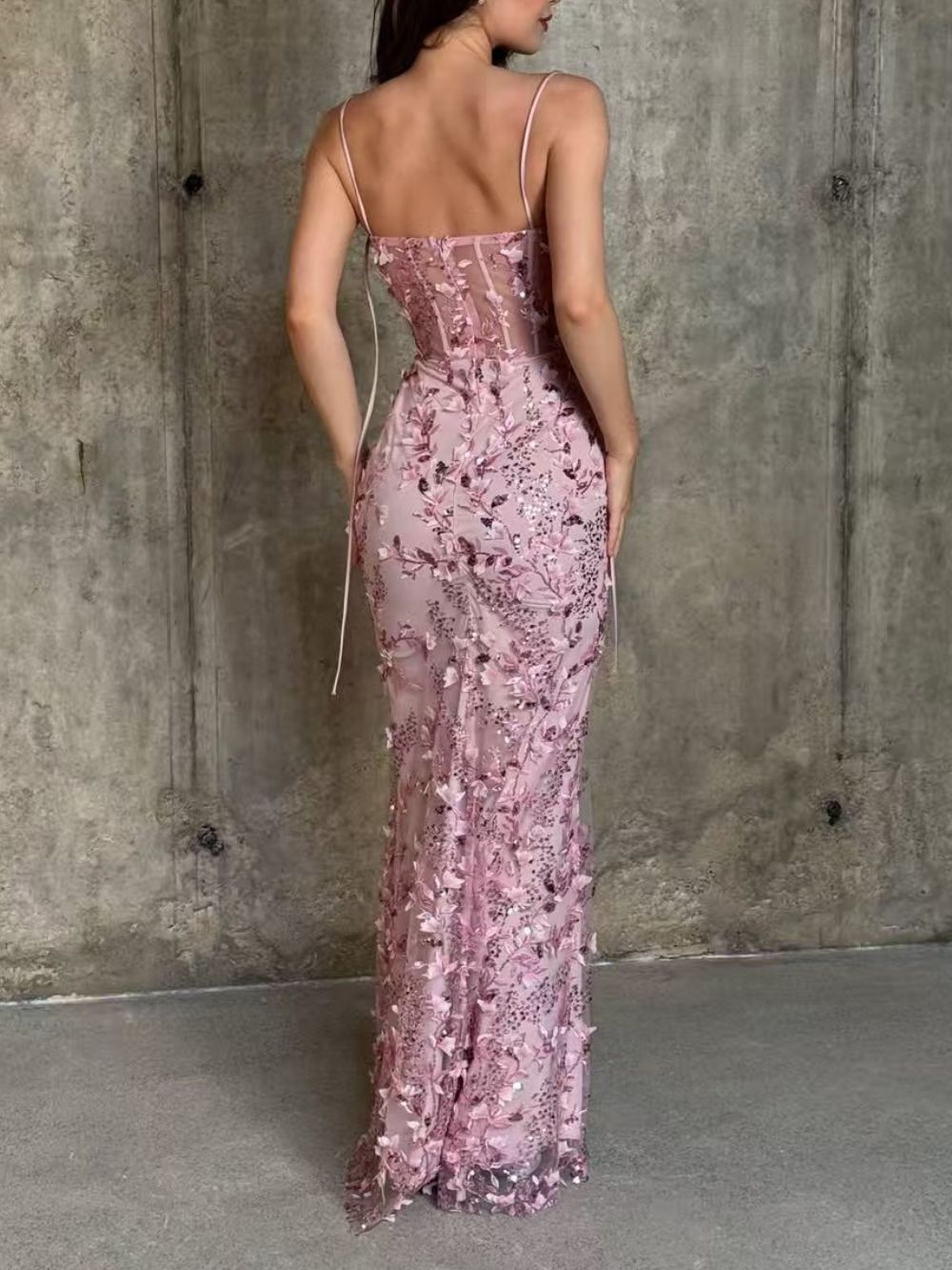Floral Sequin Structured Bustier Maxi Dress Pink - OWNCI