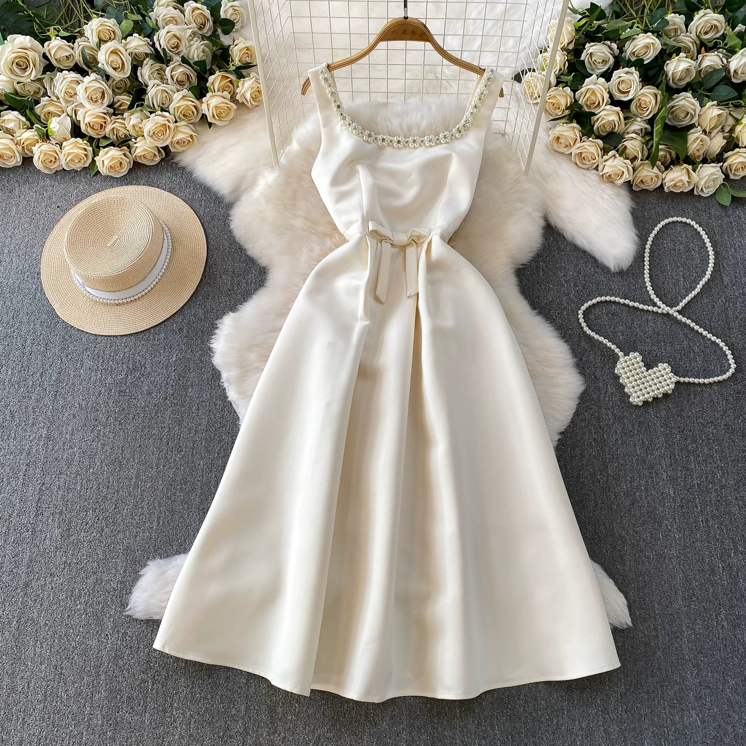 Crystal Trim Square Neck Sleeveless Bow Waist A-Line Midi Dress - OWNCI