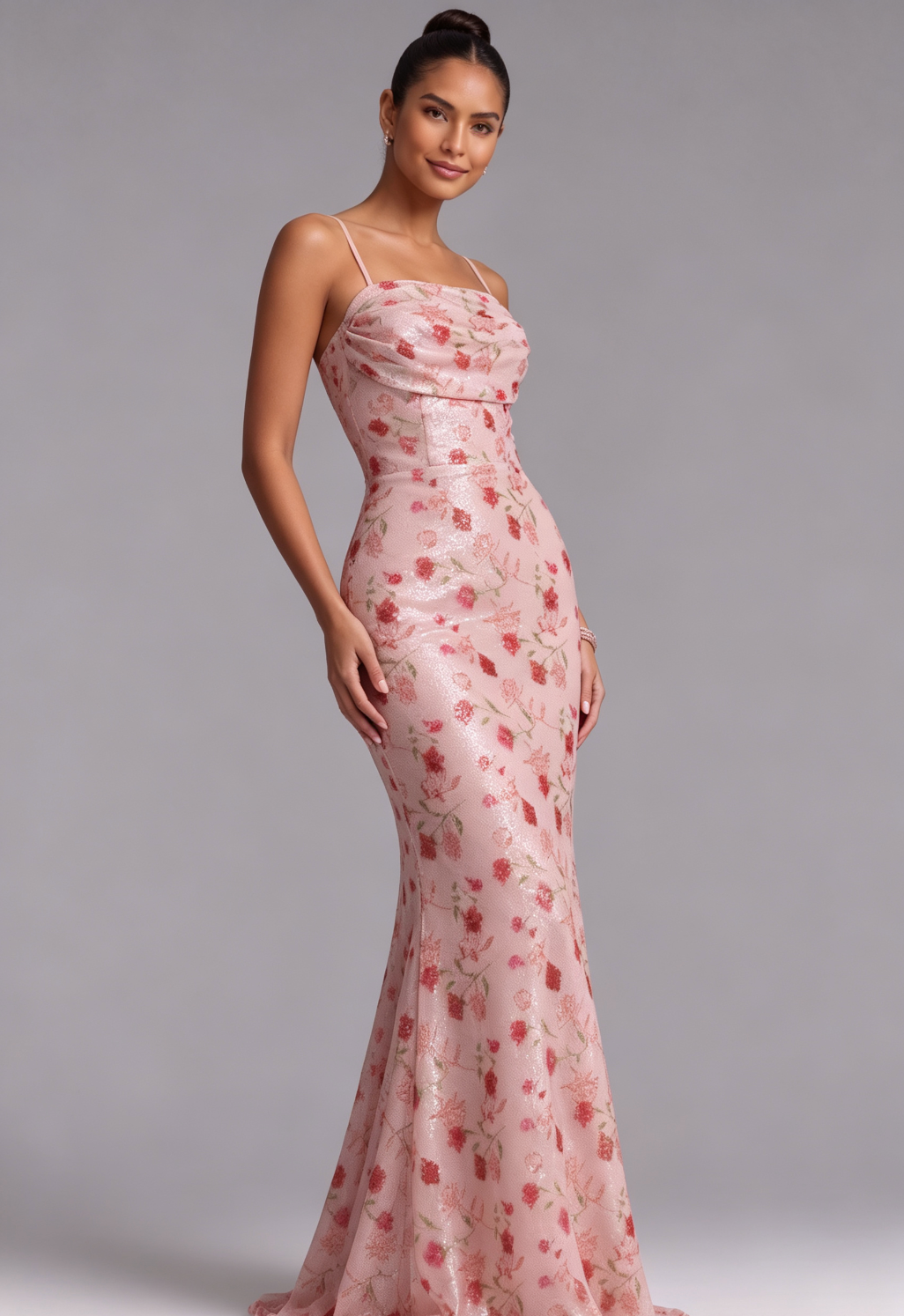 Blush Pink Floral Sequin Mermaid Gown with Lace-Up Back - OWNCI Blush Pink Floral Sequin Mermaid Gown with Lace-Up Back - OWNCI