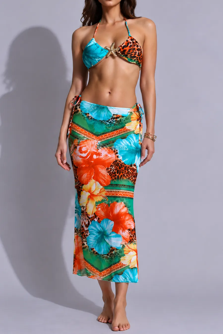 Leopard Floral Mix‑Print Halter Bikini Set With Starfish Hardware - OWNCI Leopard Floral Mix‑Print Halter Bikini Set With Starfish Hardware - OWNCI