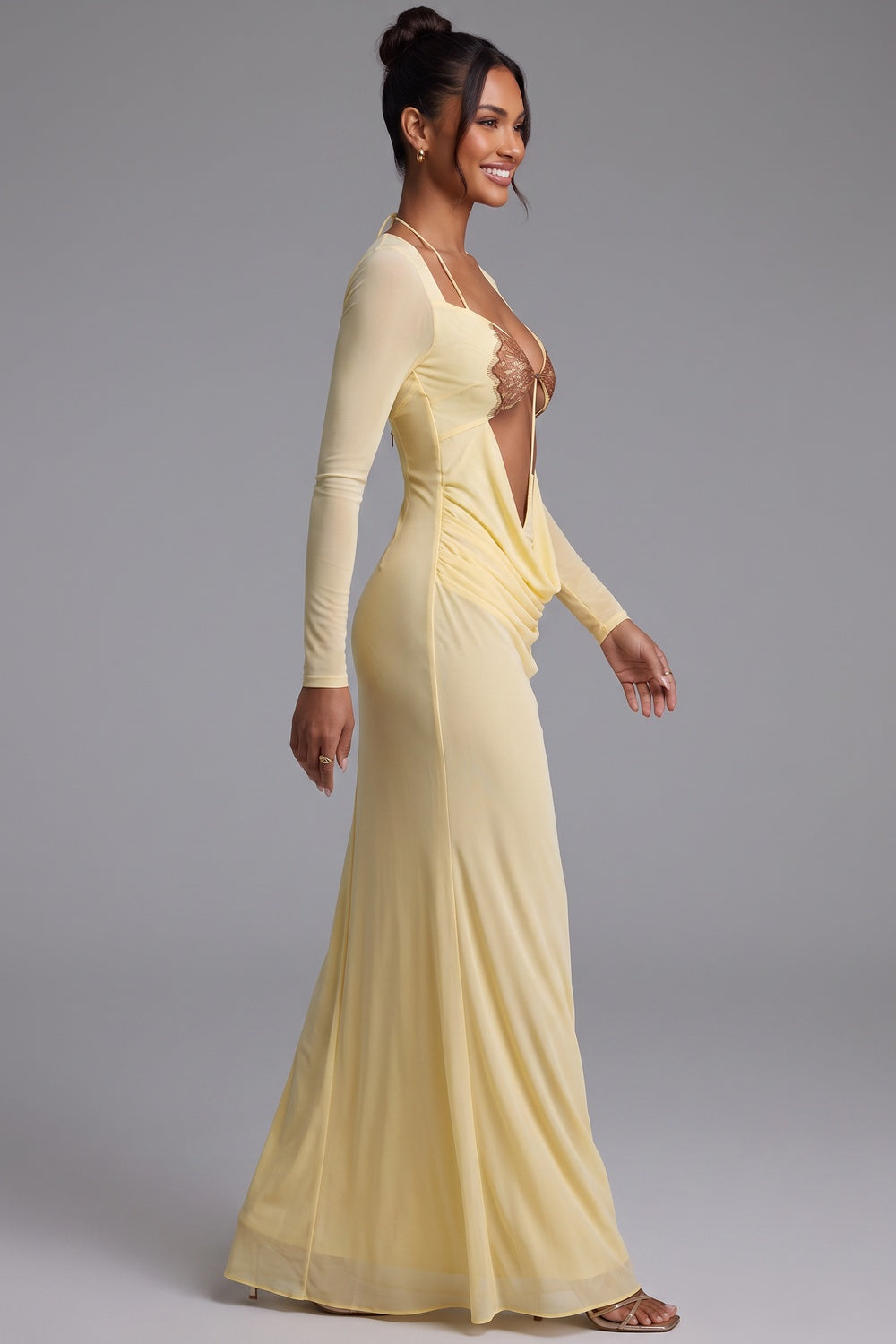 Pale Yellow Long Sleeve Maxi Dress with Cutout Detail - OWNCI Pale Yellow Long Sleeve Maxi Dress with Cutout Detail - OWNCI
