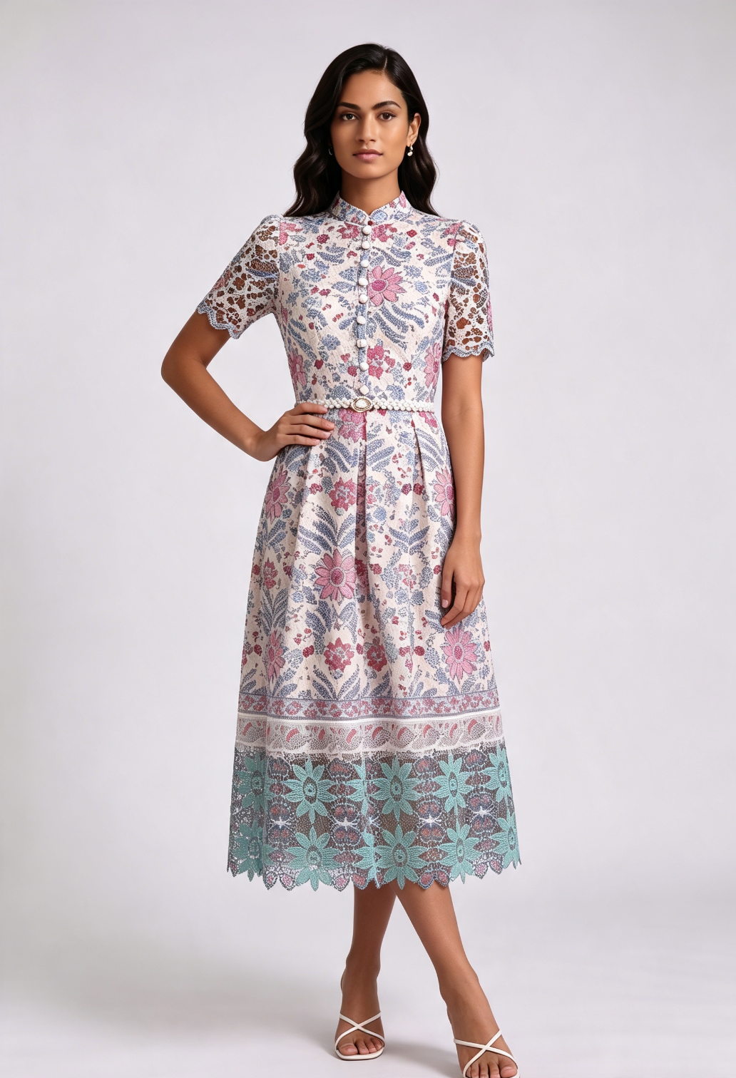 Cream Guipure Lace A-Line Dress - OWNCI