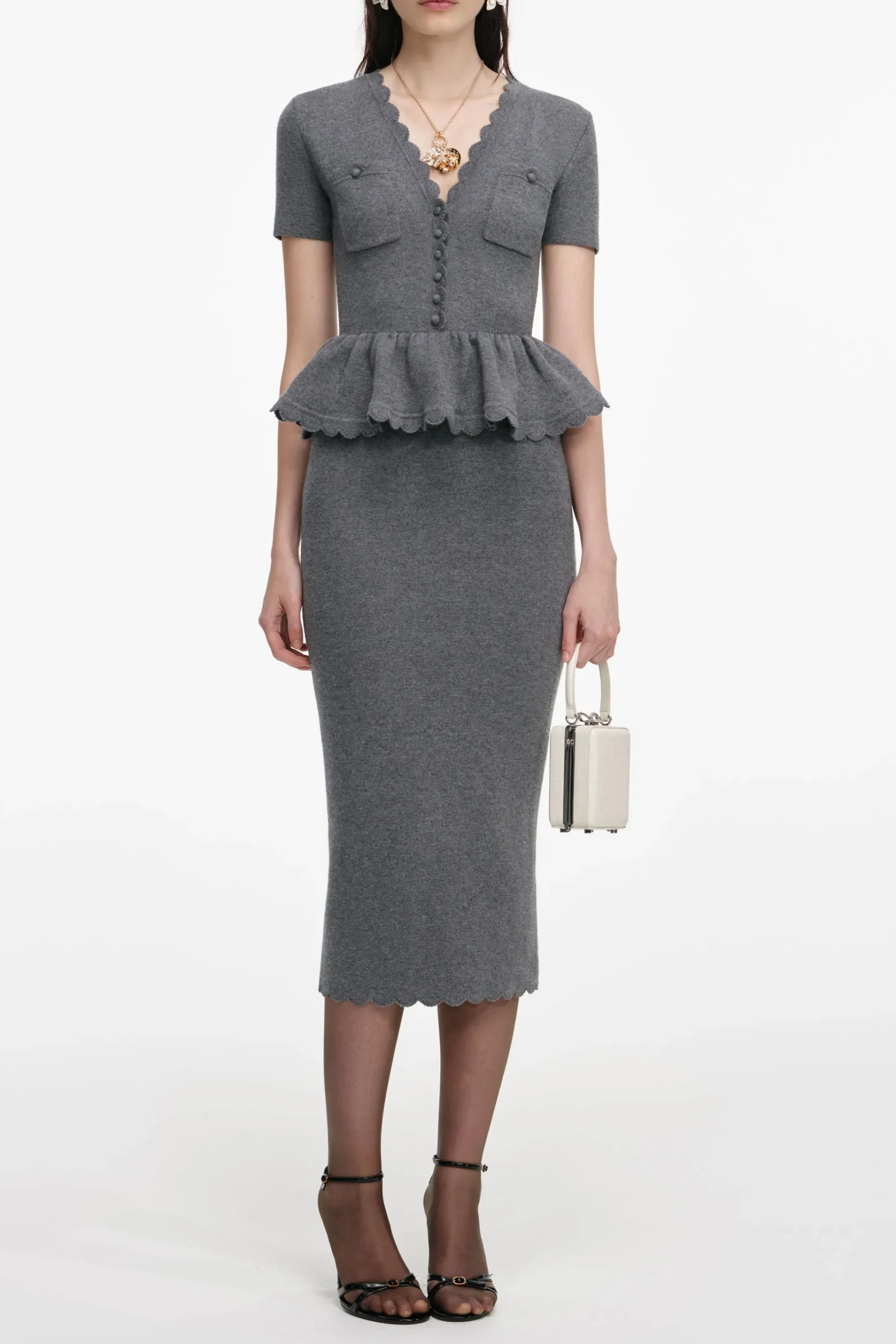 Mandy V-Neck Peplum Knit Midi Dress In Grey - OWNCI Mandy V-Neck Peplum Knit Midi Dress In Grey - OWNCI