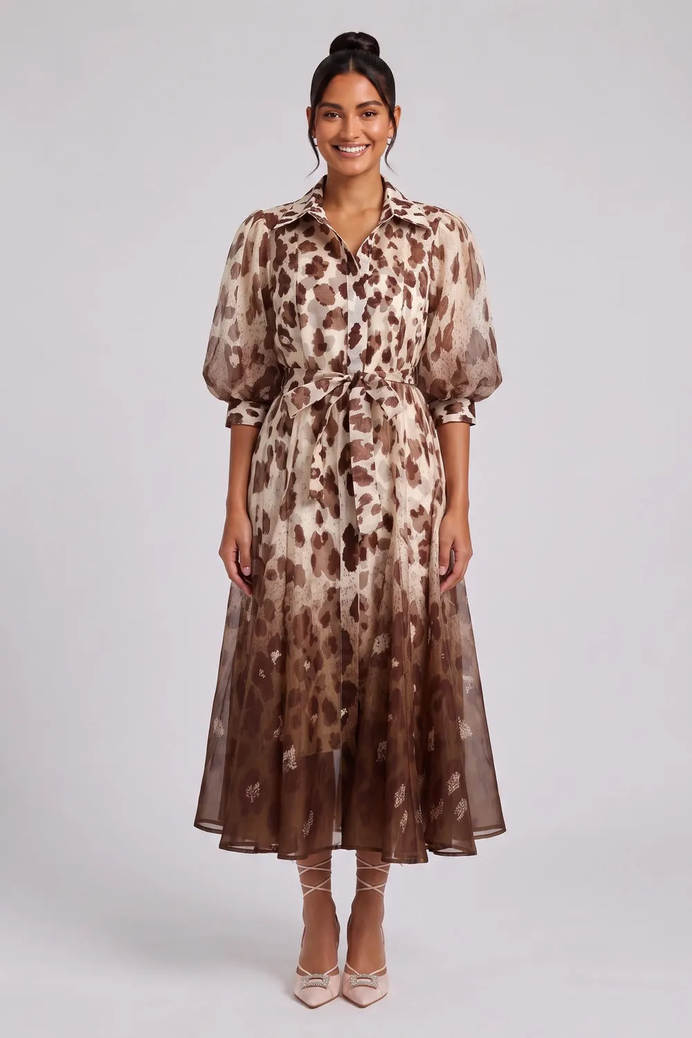 Ombre Leopard Print Puff Sleeve Midi Shirt Dress - OWNCI Ombre Leopard Print Puff Sleeve Midi Shirt Dress - OWNCI