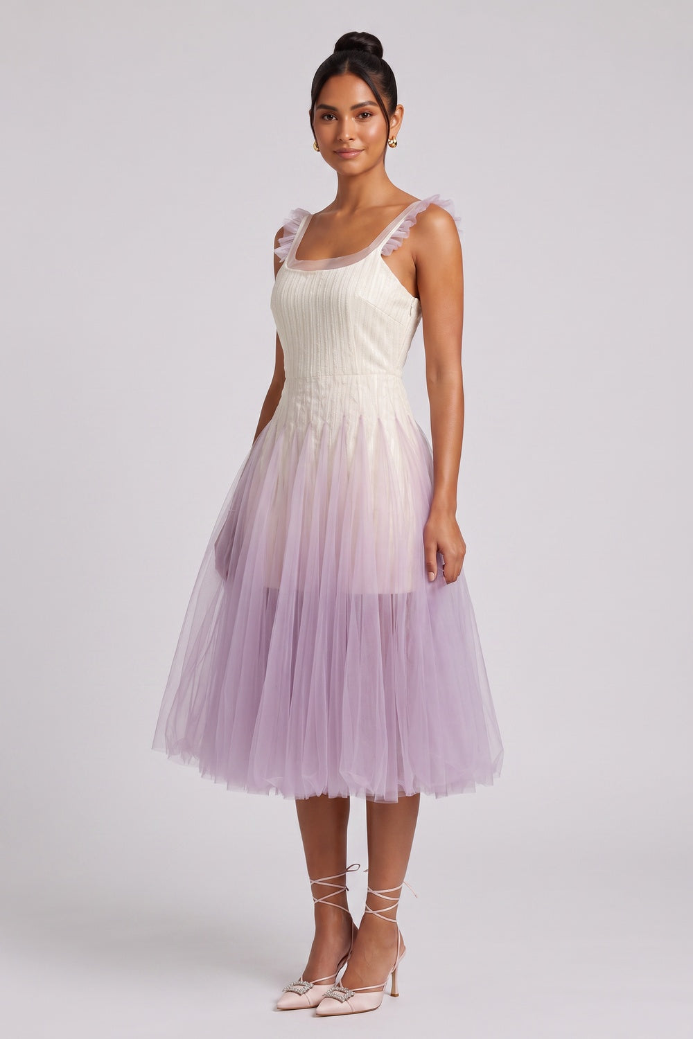 Gradient Tulle Midi Dress with Ruffle Straps - OWNCI